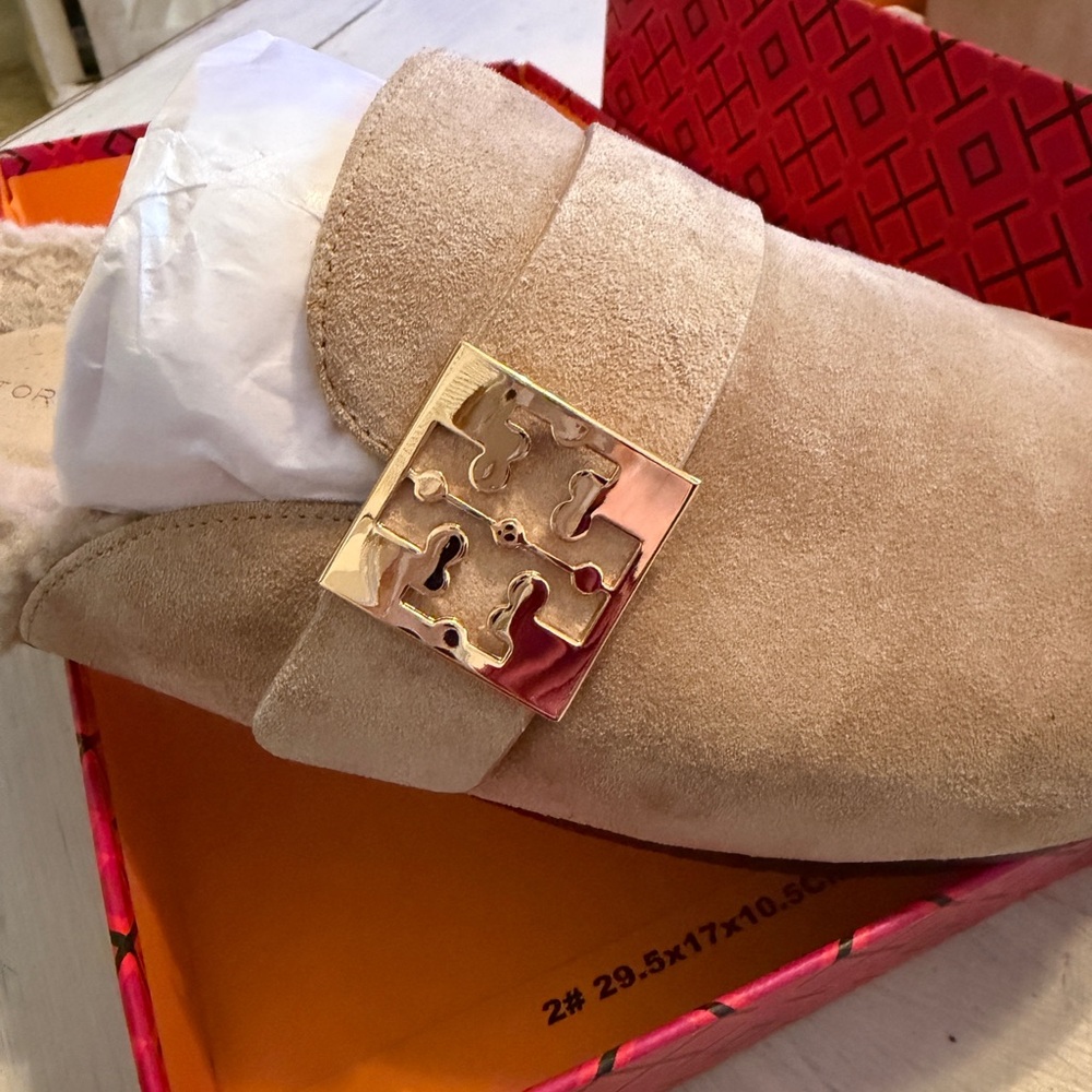 Tory Burch Tan Suede Mules with Gold Accent